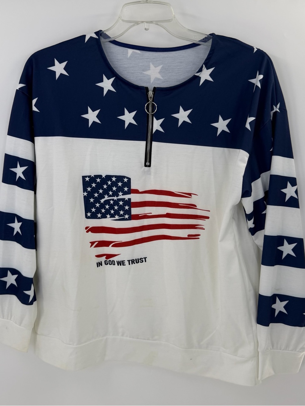 Patriotic USA Flag Quarter Zip Long Sleeve Top Size Large